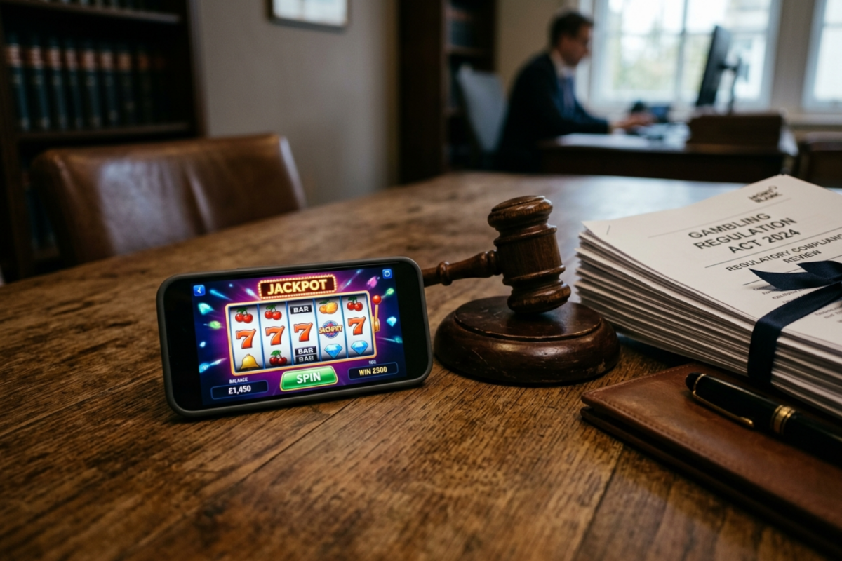 En smartphone med et onlinecasino-spil ligger ved siden af en dommerhammer og lovpapirer, som symbol på ny spilleregulering i Danmark.