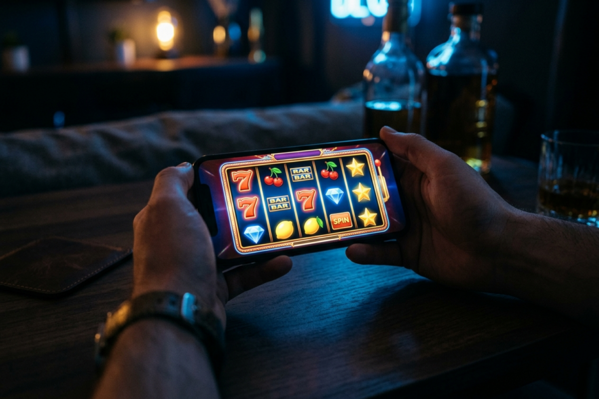 En smartphone viser et farverigt spilleautomat-spil i et mørkt rum, som symbol på online casino på mobilen.